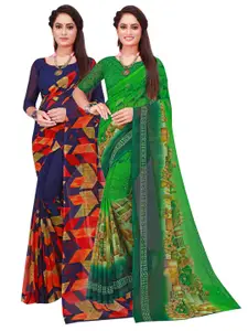 Florence Navy Blue & Green Set Of 2 Pure Georgette Saree