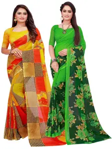 SAADHVI Pack Of 2 Yellow & Green Floral Pure Georgette Saree