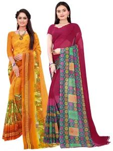 Florence Yellow & Purple Set Of 2 Floral Pure Georgette Saree