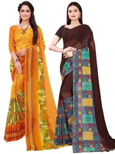 Florence Pack of 2 Yellow & Brown Floral Printed Saree