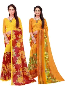 Florence Yellow & Red Floral Printed Pure Georgette Saree Pack Of 2