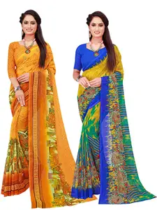 Florence Pack Of 2 Yellow & Blue Floral Pure Georgette Saree