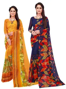 Florence Yellow & Navy Blue Floral Pure Georgette Saree