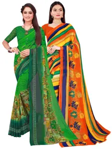 Florence Pack Of 2 Green & Orange Floral Pure Georgette Saree
