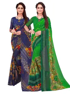 Florence Pack Of 2 Green & Navy Blue Floral Pure Georgette Saree