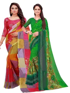 Florence Pack Of 2 Green & Red Printed Pure Georgette Saree