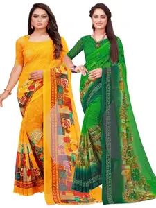 Florence Pack Of 2 Green & Yellow Floral Printed Pure Georgette Saree