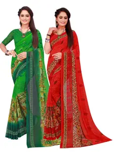 Florence Green & Red Set Of 2 Floral Pure Georgette Saree