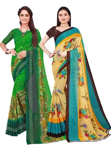 Florence Green & Blue Set Of 2 Floral Pure Georgette Saree