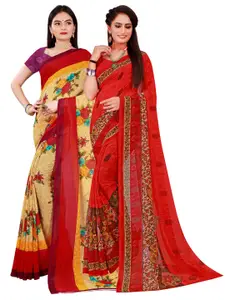 Florence Beige & Red Set Of 2 Pure Georgette Saree