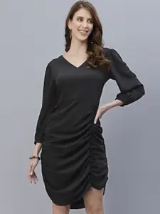 RAASSIO Women Black Solid V-neck Crepe Sheath Dress