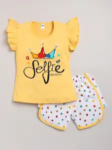 Nottie Planet Girls Yellow & White Printed T-shirt with Shorts