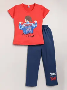 Nottie Planet Girls Orange & Navy Blue Printed T-shirt with Pyjamas