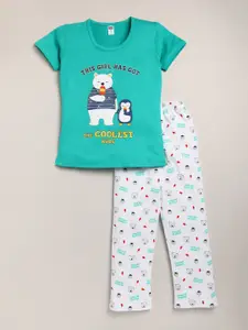 Nottie Planet Girls Green & White Printed Pure Cotton T-shirt with Pyjamas