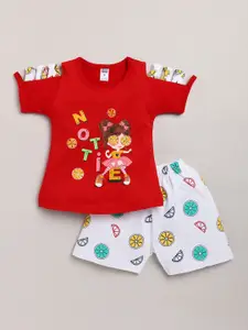 Nottie Planet Girls Red & White Printed Cotton Top with Shorts