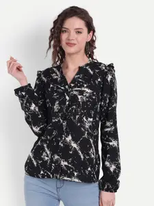 MINGLAY Black & Beige Print Mandarin Collar Ruffles Shirt Style Top