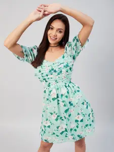 Marie Claire Sea Green Floral Printed Fit & Flare Dress With Gathered Detailing