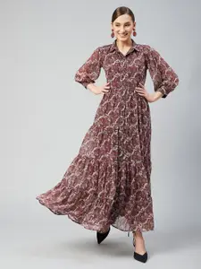 Marie Claire Maroon & Beige Floral Chiffon Tiered Maxi Dress