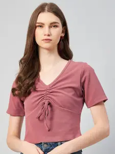 RARE Women Peach-Coloured Solid V-neck Regular Crop Top