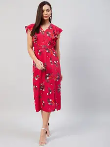 RARE Red Floral Printed V-Neck Crepe Midi Dress