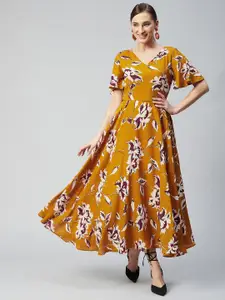 RARE Mustard Yellow Floral Crepe Maxi Dress