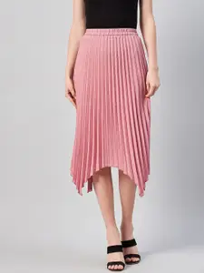 RARE Women Pink Solid A-Line Accordion Pleats Midi Skirt
