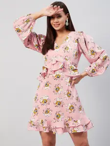 RARE Peach-Coloured Floral Ruffled Crepe Knee Length Dress
