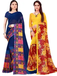 KALINI Yellow & Blue Set Of 2 Floral Pure Georgette Saree