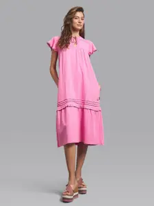 Beverly Hills Polo Club Pink Solid Tie-Up Neck Cotton A-Line Midi Dress