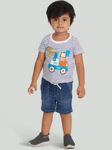 Zalio Boys White & Blue 2-Piece Striped Animated Printed Cotton T-Shirt with Denim Shorts