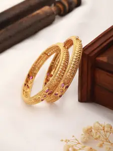 Saraf RS Jewellery Set Of 2 Gold-Plated Pink Stone-Studded Bangles