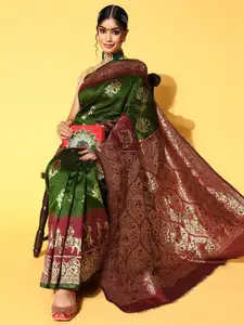 Chhabra 555 Green & Maroon Ethnic Motifs Zari Silk Blend Banarasi Saree
