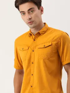 IVOC Men Mustard Yellow Pure Cotton Solid Standard Slim Fit Casual Shirt