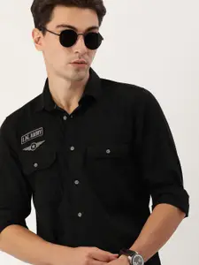 IVOC Men Black Pure Cotton Solid Standard Slim Fit Casual Shirt