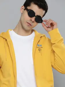 Levis Men Mustard Yellow Print Detail Hooded Front-Open Pure Cotton Sweatshirt