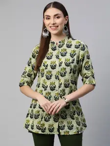 Divena Green & Blue Floral Print Mandarin Collar Roll-Up Sleeves Shirt Style Top