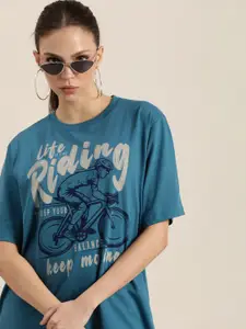 DILLINGER Women Blue & Beige Graphic Print Cotton Oversized Longline T-shirt