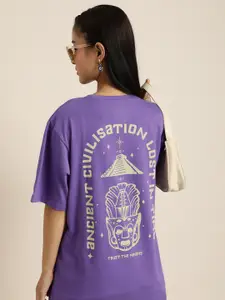 Difference of Opinion Women Purple & Beige Printed Drop-Shoulder Sleeves Pure Cotton Oversized T-shirt