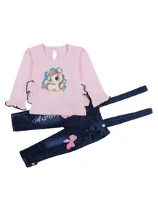 V-Mart Girls Pink & Blue Printed T-shirt with Trousers