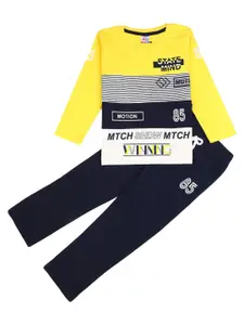 V-Mart Boys Yellow & Navy Blue Printed Cotton T-shirt with Pyjamas