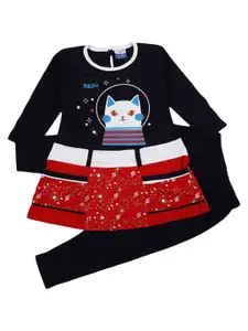 V-Mart Girls Navy Blue & Red Printed Cotton T-shirt with Shorts
