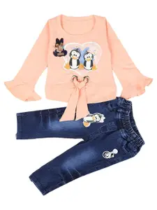 V-Mart Girls Peach-Coloured & Blue Printed T-shirt with Trousers