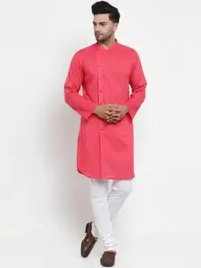 NEUDIS Men Pink Thread Work Handloom Pathani Kurta