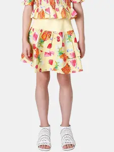 One Friday Girls Yellow Printed Pure Cotton Skirt