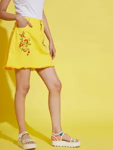Noh.Voh - SASSAFRAS Kids Girls Yellow Embroidered Pure Cotton Denim A-line Mini Skirt