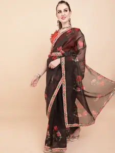 Sangria Black & Red Floral Sequinned Organza Saree