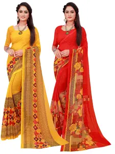 Florence Pack Of 2 Yellow & Red Floral Pure Georgette Sarees