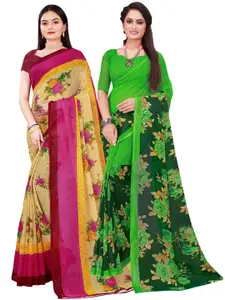 SAADHVI Beige & Green Set of 2 Floral Printed Georgette saree