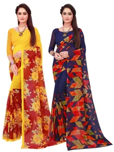 KALINI Navy Blue & Yellow Set Of 2 Floral Pure Georgette Saree