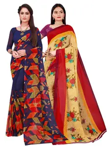 KALINI Pack of 2 Navy Blue & Beige Pure Georgette Sarees
